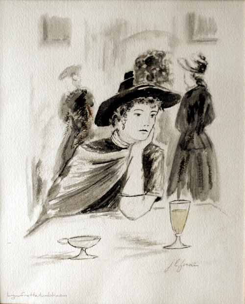 la-gaufrette:L’absinthe -Lavis rehaussé de fusain de Jean-Louis Forain (1852-1931) (ami