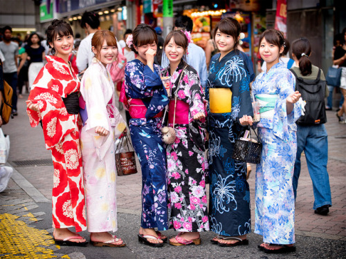 Pretty Japanese yukata on the streets of Tokyo during the Shibuya Bon Odori dance festival.