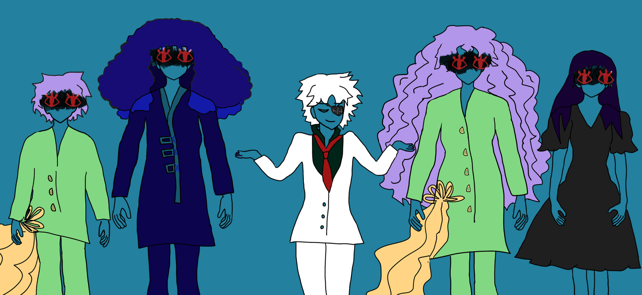 konna on the left with wavy lavender short hair wears a light green uniform with drifting golden lace to the side. alia beside her has curly dark blue hair at her sides and wears a darker blue uniform with buckles on it. layla beside her with her wavy anime-white hair is smiling with eyes closed and shrugging. she has her usual esoteric black eyepatch, and she wears a white suit with a loose red tie and green shirt. khalida next to her has wavy lavender long hair and wears a light green uniform with golden trailing lace by her. maria at the end wears a wavy sleeved black dress and has long straight black hair falling around her. every girl or nonbinary around layla has fake realistic red eyes drawn over a scratchy black censor.
