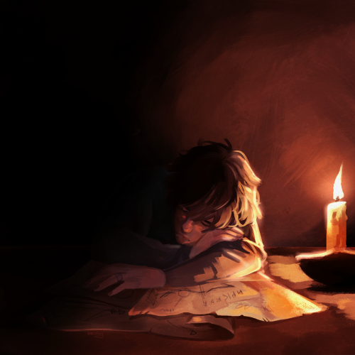 baisleyarts:Late was the night, and there he lay, illuminated by the single candle light and a crump