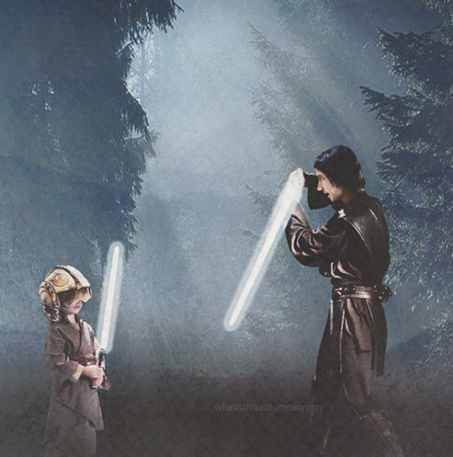 cartoonjessie: whatisthisautumnsorcery: Teen Ben teaching little Rey how to use a lightsaber at Luke