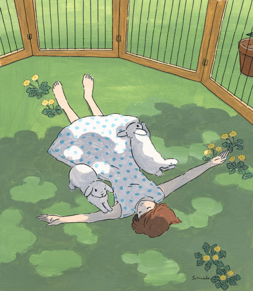 schinako: Day 26. Stretch（伸びをする,大の字になる）The girl stretched herself out on the lawn.のんびり庭んぽの続き。 hey!! 