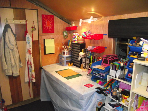 petrascreations:  Its been a long 6 months or so in the works getting this together. I bought a second hand shed in october. I finally got to move in a few days ago and after 3 very long days of moving and sorting the Craft Space of Epicness is done!