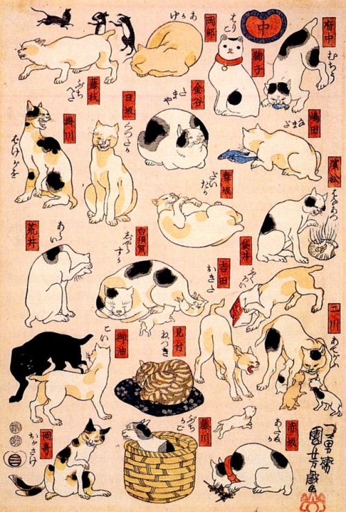 utagawa kuniyoshi, cats suggested as the fifty-three stations of the tōkaidō, 1843
