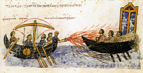 The Byzantine fleet of Emperor Michael II the Amorian (r. 820-829 CE) deploys Greek fire against the