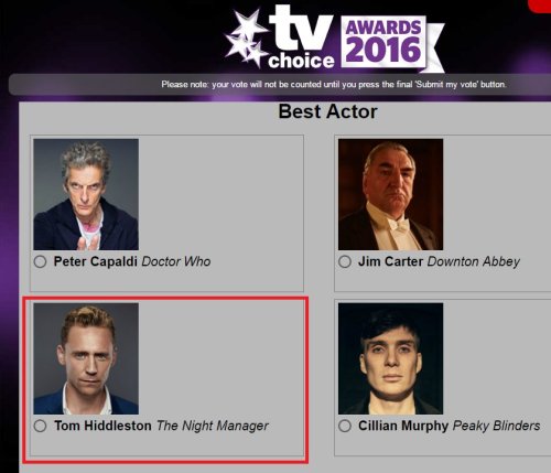 frenchblondgirl:  Time to get your vote on. Tom Hiddleston &amp; The Night Manager nominated for