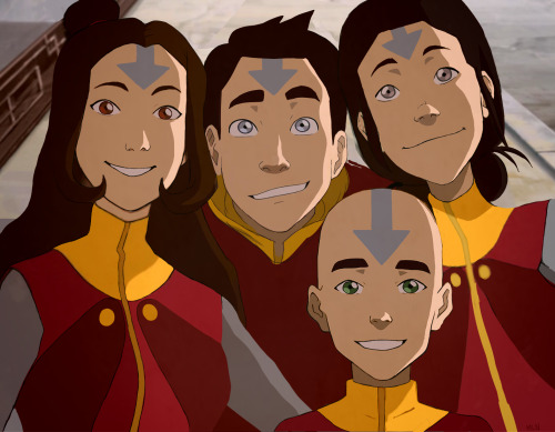 mackydraws:  Snapshot of the airbender kids right after Rohan reveals his new tattoos! (Jinora 22, Ikki 19, Meelo 17, Rohan 12) Love the idea of Meelo keeping his hair. <3 I imagine that Jinora is helping her father record knowledge from Wan Shi Tong’s