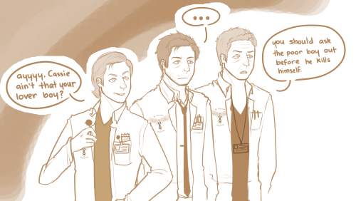 vinnie-cha:  Dean is a fireman who is purposely careless so that he can have an excuse to see Cas at the local hospital. And Cas, along with all the other doctors are just sick of his shit —— firefighter!Dean and doc!Cas au 