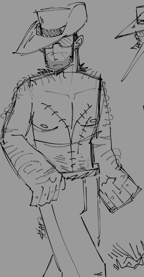 digital doodle of sniper from team fortress two. he has no shirt on so you can see his autopsy stitches. he stands looking at the viewer with sunglasses blocking his eyes.