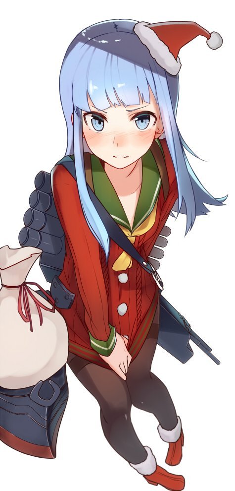 艦隊これくしょん、初風（艦これ）、サック、シャツ、ブーツ、リボン、スカート、パンスト、サンタコス、ストライプ、トルピード、ハイヒール、ロングヘア、サイドロック、サンタハット、ネッカチーフ、bobblehat、machinery、nose