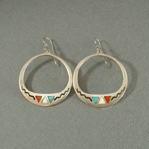 Vintage Native American STERLING Silver NAVAJO Earrings Earring Hoops Turquoise Spiny Oyster Inlay D