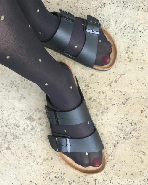 Sex Polka dotted pantyhose with Birkenstock. pictures