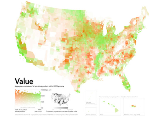 This map, which goes with a set about crops and farm animals in the United States, shows the value of agricultural products by county in the United States. The redder a county is, the more its agricultural value comes from animals; the greener, the...