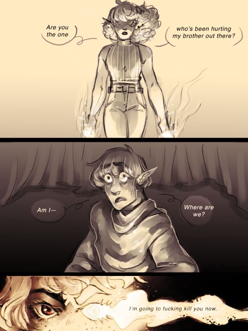 herbgerblin:[ID: 3 panel comic of Lup, an elven woman with a slight build, freckles,