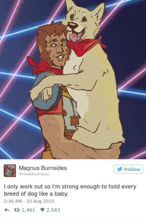 asilverdoesdraw:welp[image description: a drawing of Magnus, holding a large dog in his arms like a 