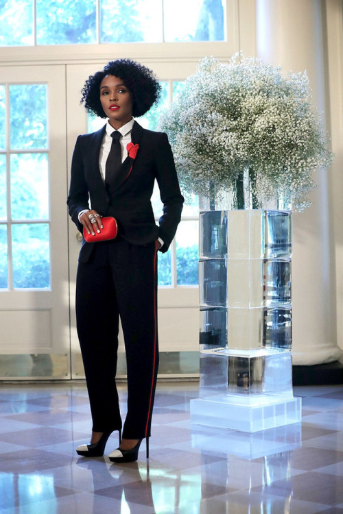 hollywood-fashion:Janelle Monae in Giorgio Armani at the Nordic State Dinner at the White House on M