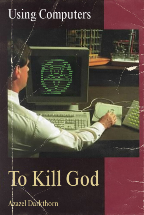 Photoshopped cover of a book from the 80s titled "Using Computers to Kill God" by Azazel Darkthorn. The cover contains a photo of a man in a white button up shirt using a mid 80s home computer. On the green monochrome monitor is a pentagram made of crude ascii characters and the number 6.