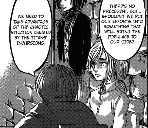 momtaku:  snkception:  No, but can I just flail about the politics of this some more? Because, okay, here we have the population being all dubious about the military and their motives:And then Rod Reiss looms over the wall in all his terrifying glory,