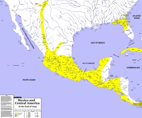 mapsontheweb:Spanish settlements in North and Central America at the end of 1634.