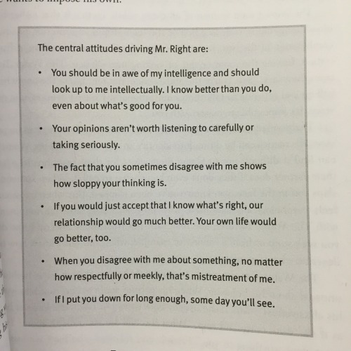 fromond:  staghunts:  I bought the book after seeing a post quoting it float around Tumblr. Not bedtime reading.  I wanted to post these types because while most of us are familiar with the philanderer or hyper masculine abuser, it’s important to recogniz