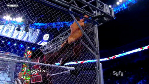 rwfan11:  Daniel Bryan - trunks yanked by Mark Henry while trying to escape the cage 