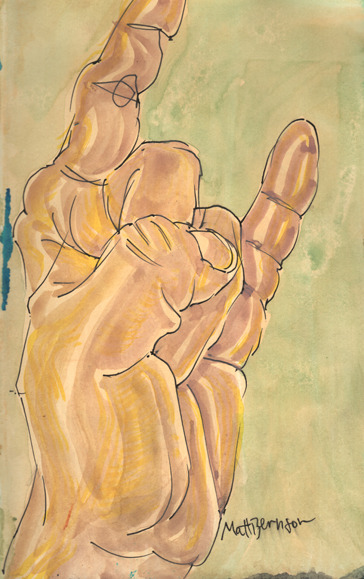 Hands drawn by Matt Bernson.   Ink & watercolor on paper, 5"x8"