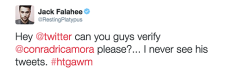 matt-daddaryo:  Jack Falahee asked Twitter to verify Conrad Ricamora’s account, and they did! &lt;3 | 10 March 2016 