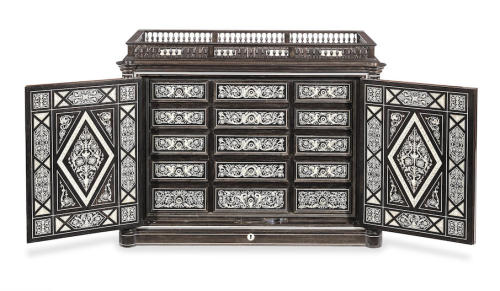 RENAISSANCE REVIVAL TABLE CABINETHARDSTONE MOUNTED EBONY AND ENGRAVED IVORY MARQUETRYBY GIOVANNI BAT