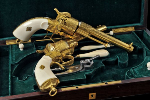 Fine cased set of gold plated ivory handled, and engraved French Lefaucheux pinfire revolvers, dated