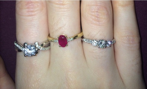 Left to right: the diamond ring Seb got me for Christmas. The ruby and diamond ring my mum bought me