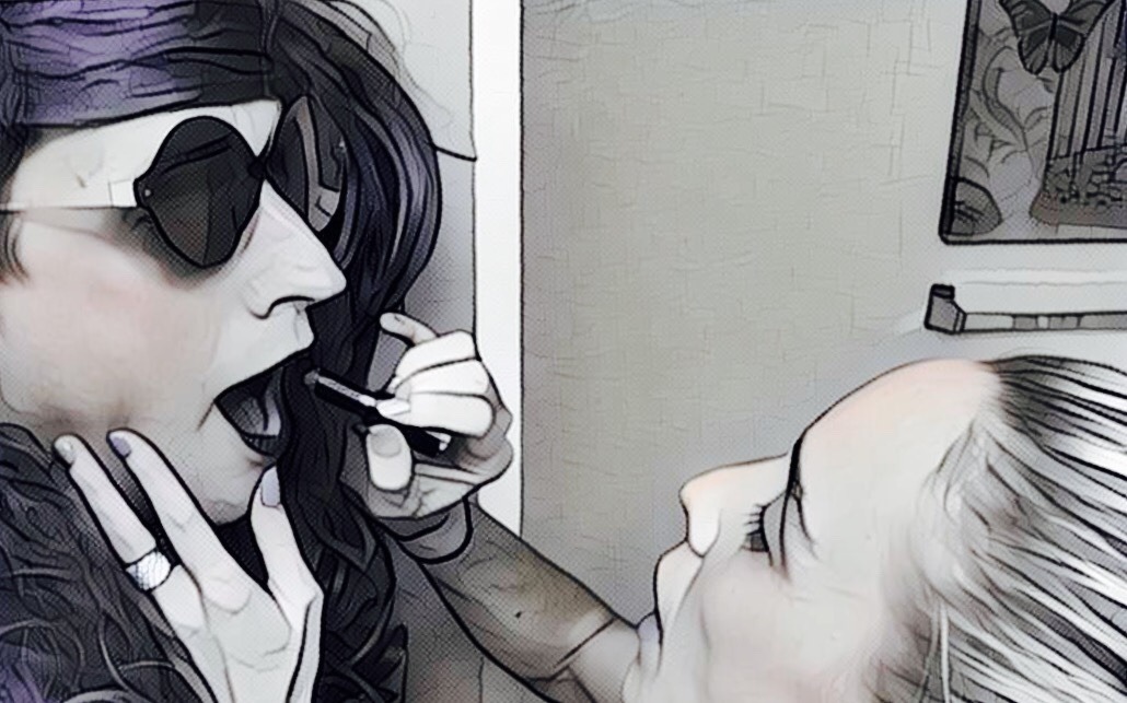 Mistress fixing Sissy Steffi’s makeup.