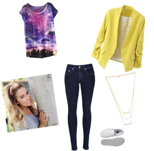 shopping day by momoitgurl featuring a yellow blazerGalaxy print t shirt / Yellow blazer / Rag &