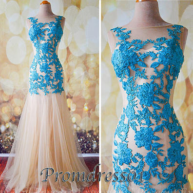 promdress01:Blue lace white tulle prom dress