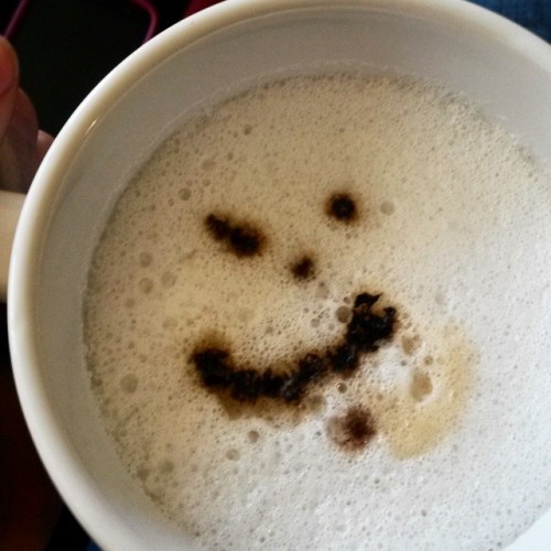 Awww… her #latteart came straight from the heart. Waking up to dear friends in the kitchen cooking breakfast put a smile on my face but this just took it right over the top. #coffee #art #happyface #awww #awwwtf