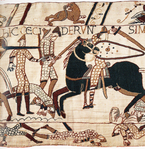 Bayeux Tapestry, depicting the Battle of Hastings, 12th century. Embroidery on linen, 70m (230 ft) l