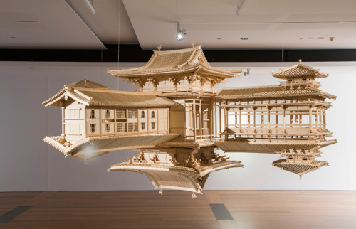 likeafieldmouse: Takahiro Iwasaki - Reflection Model: Perfect Bliss (2010-12) - Japanese cypress and wire Scale replica of the Byodo-In, a 10th-century temple near Kyoto 