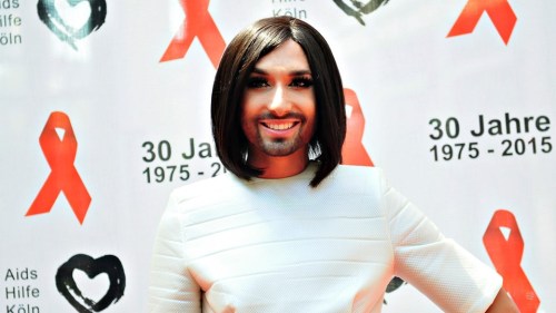 July 03, 2015Conchita at the Cologne Pride, giving a press conference in a white neoprene dress from