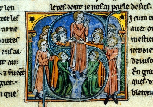 A historiated letter S, showing Godfrey of Bouillon (1060-1100) being created lord (princeps or dux)