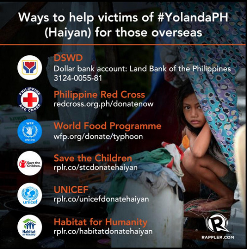 micamicamicah:  DSWD Philippine Red Cross World Food Programme Save the Children UNICEF Habitat for Humanity If you can’t donate, please reblog and spread the word! People are still in need of water and canned food! Every little bit counts! For anyone