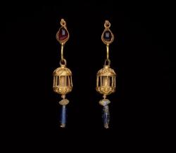 theancientwayoflife:~ Pair of earrings with large pendants. Culture: Greek Date: 2nd–1st century B.C. Medium: Gold, garnet, glass.