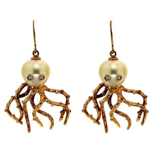 blondebrainpower:Octopus, 18 K Gold, Pearls And Diamonds Drop EarringsMade in 2018 in Italy by Scala Gioielli 