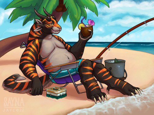 thepinkywarband: Riza’s perfect vacation: sun, surf, a drink in hand, and a fish on the line!