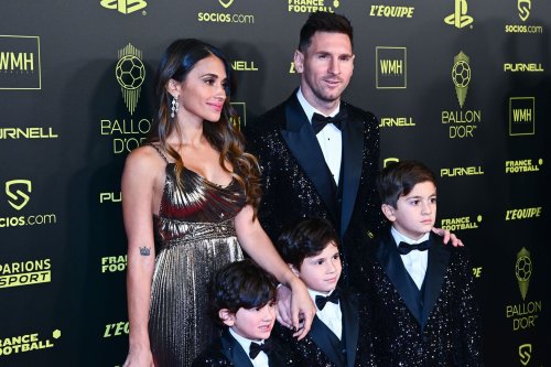 bestsportmedia:Lionel Messi, Antonela Roccuzzo and their children pose upon arrival to attend the 20