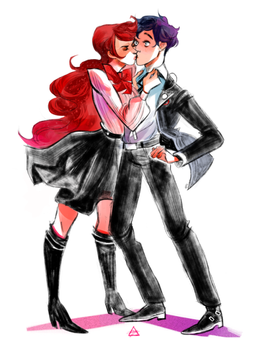 A commission for Jen-Jen of P3 cuties Mitsuru and Protag sharin&rsquo; a smooch.Thank you for commis