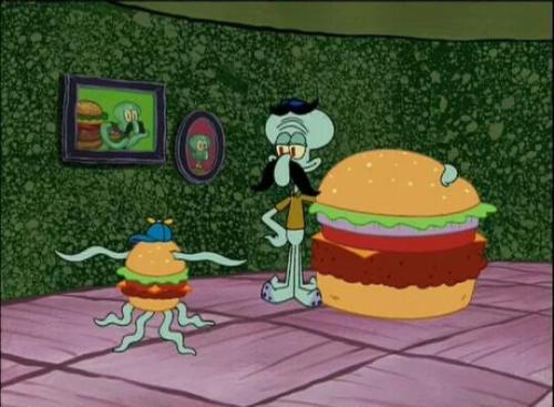 imamnotbroken:This picture is telling me that Squidward fucked a burger.