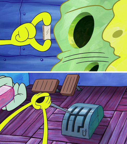 Squidward: Place your orders, everybody! Because no one can do this job better than me! I win!A fun 