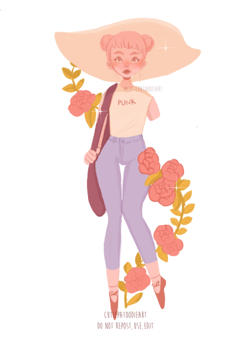 cutiepatoodieart:sun hats are punk[ID: Fullbody illustration of a pale girl with pink hair in space 