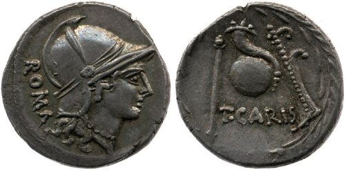 Two denarii with helmeted head of Roma (obverse) and cornucopia on globe with scepter to the left an