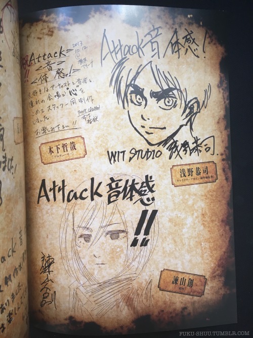 yusenki:  fuku-shuu:    My Shingeki no Kyojin merchandise haul for today is the official program book for the October 12th, 2013 “Attack on Taikan” Reading and Live event that took place at the Yokohama Arena! The event starred the seiyuu of the cover