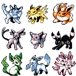 oripoke:  Eeveelutions # 133, 134, 135, 196, 197, 470, 471, 700 